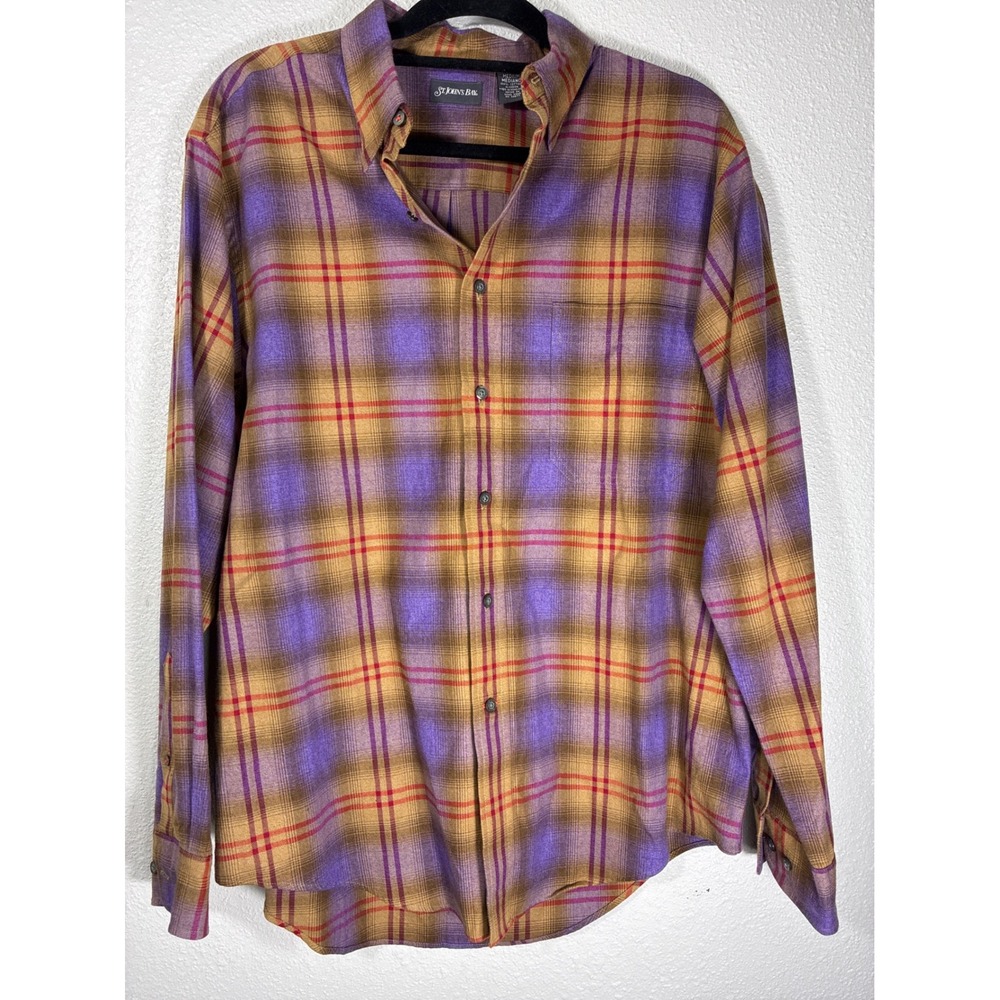 St Johns Bay Mens Medium Plaid Flannel Shirt Purple Tan Red Cotton Button Down